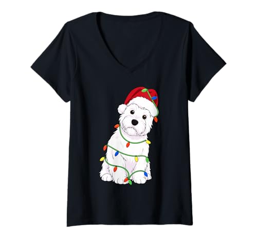 Damen West Highland White Terrier Weihnachtsbaumbeleuchtung T-Shirt mit V-Ausschnitt Damen West Highland White Terrier Weihnachtsbaumbeleuchtung T-Shirt mit V-Ausschnitt von Funny Westie Xmas Tree Dog Designs