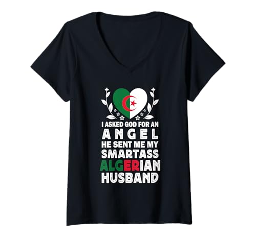 Damen Funny Smartass Algerian Husband Algeria Flag Spouses T-Shirt mit V-Ausschnitt von Funny Wife Husband Novelty Tops 2