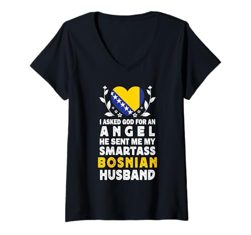 Damen Funny Smartass Bosnian Husband Bosnia Flag Spouses T-Shirt mit V-Ausschnitt Damen Funny Smartass Bosnian Husband Bosnia Flag Spouses T-Shirt mit V-Ausschnitt von Funny Wife Husband Novelty Tops 2