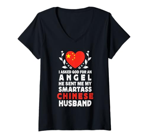Damen Funny Smartass Chinese Husband China Flag Spouses T-Shirt mit V-Ausschnitt Damen Funny Smartass Chinese Husband China Flag Spouses T-Shirt mit V-Ausschnitt von Funny Wife Husband Novelty Tops 2