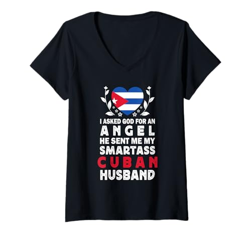 Damen Funny Smartass Cuban Husband Cuba Flag Spouses T-Shirt mit V-Ausschnitt von Funny Wife Husband Novelty Tops 2