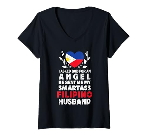 Damen Funny Smartass Filipino Husband Philippines Flag Spouses T-Shirt mit V-Ausschnitt Damen Funny Smartass Filipino Husband Philippines Flag Spouses T-Shirt mit V-Ausschnitt von Funny Wife Husband Novelty Tops 2