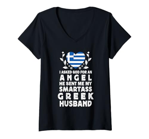 Damen Funny Smartass Greek Husband Greece Flag Spouses T-Shirt mit V-Ausschnitt von Funny Wife Husband Novelty Tops 2