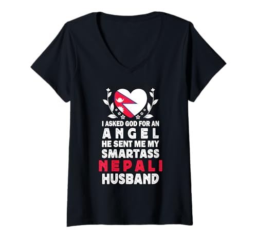 Damen Funny Smartass Nepali Husband Nepal Flag Spouses T-Shirt mit V-Ausschnitt von Funny Wife Husband Novelty Tops 2