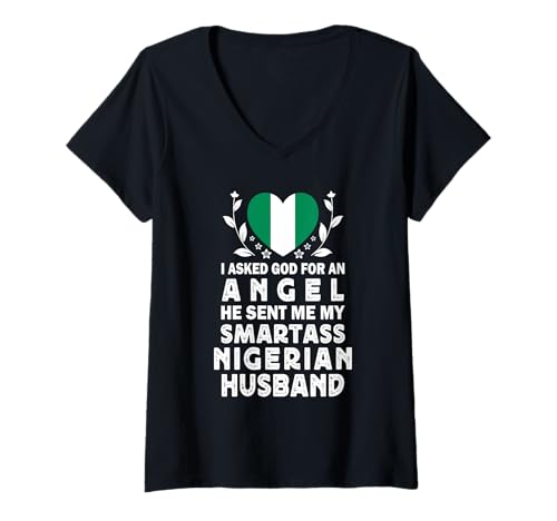 Damen Funny Smartass Nigerian Husband Nigeria Flag Spouses T-Shirt mit V-Ausschnitt Damen Funny Smartass Nigerian Husband Nigeria Flag Spouses T-Shirt mit V-Ausschnitt von Funny Wife Husband Novelty Tops 2