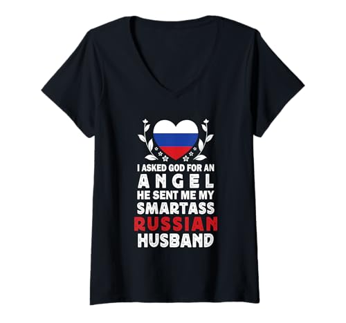 Damen Funny Smartass Russian Husband Russia Flag Spouses T-Shirt mit V-Ausschnitt Damen Funny Smartass Russian Husband Russia Flag Spouses T-Shirt mit V-Ausschnitt von Funny Wife Husband Novelty Tops 2