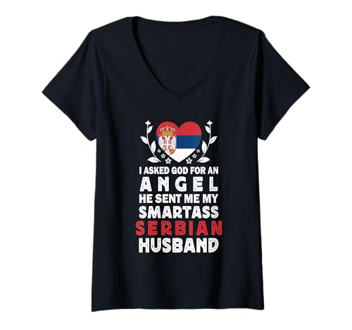 Damen Funny Smartass Serbian Husband Serbia Flag Spouses T-Shirt mit V-Ausschnitt Damen Funny Smartass Serbian Husband Serbia Flag Spouses T-Shirt mit V-Ausschnitt von Funny Wife Husband Novelty Tops 2