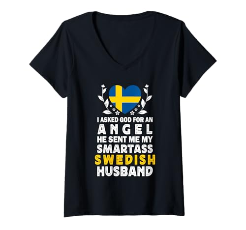 Damen Funny Smartass Swedish Husband Sweden Flag Spouses T-Shirt mit V-Ausschnitt von Funny Wife Husband Novelty Tops 2