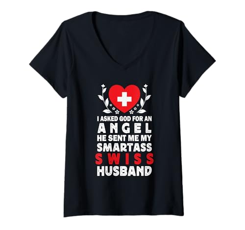 Damen Funny Smartass Swiss Husband Switzerland Flag Spouses T-Shirt mit V-Ausschnitt Damen Funny Smartass Swiss Husband Switzerland Flag Spouses T-Shirt mit V-Ausschnitt von Funny Wife Husband Novelty Tops 2