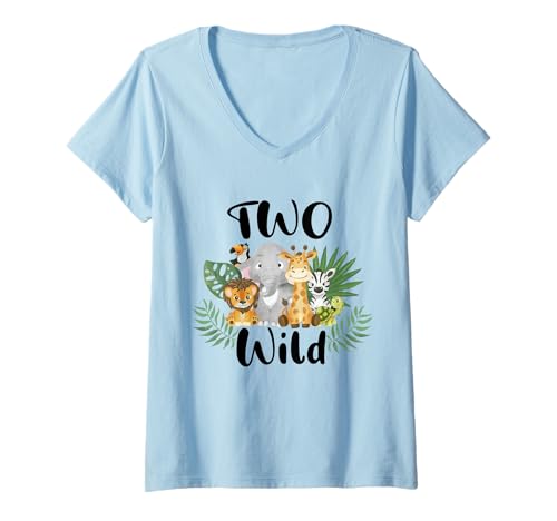 Damen Kids Two Wild, für Jungen zum 2. Geburtstag, lustiges Wildtier, für Kleinkinder T-Shirt mit V-Ausschnitt von Funny Wild Animals Birthday Kids Toddler Boy Girls