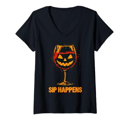Damen Sip Happens Jack o Lantern Weinglas Halloween T-Shirt mit V-Ausschnitt Damen Sip Happens Jack o Lantern Weinglas Halloween T-Shirt mit V-Ausschnitt von Funny Wine Lover & Mixology Halloween Pumpkin