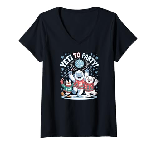Damen Yeti to Party Lustiger Weihnachtspullover T-Shirt mit V-Ausschnitt Damen Yeti to Party Lustiger Weihnachtspullover T-Shirt mit V-Ausschnitt von Funny Winter Animal Apparel Gifts by Anastasia