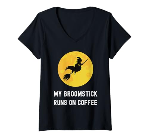 Damen My Broomstick Runs On Coffee Flying Witch Coffein Lover T-Shirt mit V-Ausschnitt Damen My Broomstick Runs On Coffee Flying Witch Coffein Lover T-Shirt mit V-Ausschnitt von Funny Witch Broomstick Halloween Humor