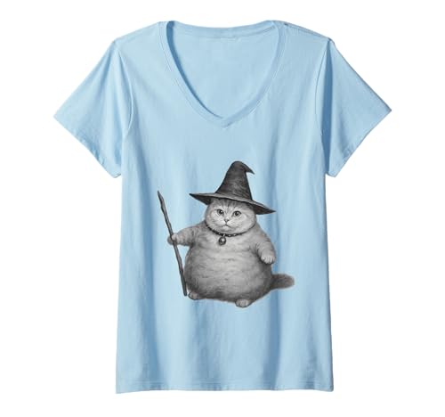 Damen Wizard Cat im Vintage-Stil, lustiges Halloween-Katzen-Meme T-Shirt mit V-Ausschnitt Damen Wizard Cat im Vintage-Stil, lustiges Halloween-Katzen-Meme T-Shirt mit V-Ausschnitt von Funny Witch Cat Wizard Cat Halloween Women Men