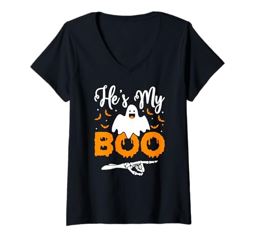 Damen Er ist Meine Boo Halloween-Hexe T-Shirt mit V-Ausschnitt von Funny Witch Costume Halloween Humor
