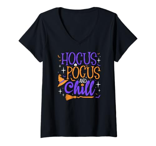 Damen Hokuspokus und Chill Halloween-Hexe T-Shirt mit V-Ausschnitt Damen Hokuspokus und Chill Halloween-Hexe T-Shirt mit V-Ausschnitt von Funny Witch Costume Halloween Humor
