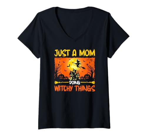 Damen Nur eine Mutter, die hexische Dinge TUT Halloween-Hexe T-Shirt mit V-Ausschnitt von Funny Witch Costume Halloween Humor
