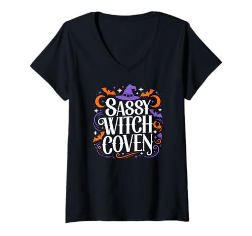 Damen Sassy Witch Coven Halloween Hexe T-Shirt mit V-Ausschnitt von Funny Witch Costume Halloween Humor