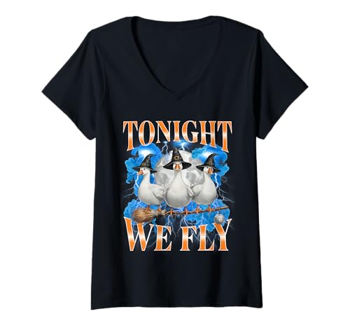 Damen Heute Abend fliegen wir Funny Witch Goose Halloween Spooky Farm T-Shirt mit V-Ausschnitt Damen Heute Abend fliegen wir Funny Witch Goose Halloween Spooky Farm T-Shirt mit V-Ausschnitt von Funny Witch Goose Halloween Fall Season Humor