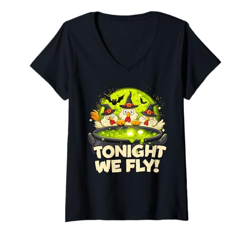 Damen Heute Abend fliegen wir lustige Hexenhühner Spooky Farm Halloween T-Shirt mit V-Ausschnitt von Funny Witchy Chickens Halloween For Bird Lovers