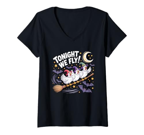 Damen Heute Abend fliegen wir lustige Hexenhühner Spooky Farm Halloween T-Shirt mit V-Ausschnitt von Funny Witchy Chickens Halloween For Bird Lovers
