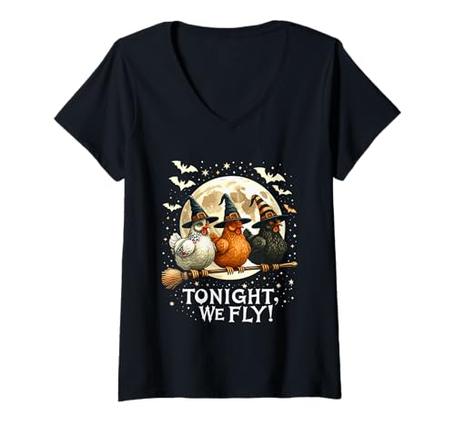 Damen Heute Abend fliegen wir lustige Hexenhühner Spooky Farm Halloween T-Shirt mit V-Ausschnitt von Funny Witchy Chickens Halloween For Bird Lovers