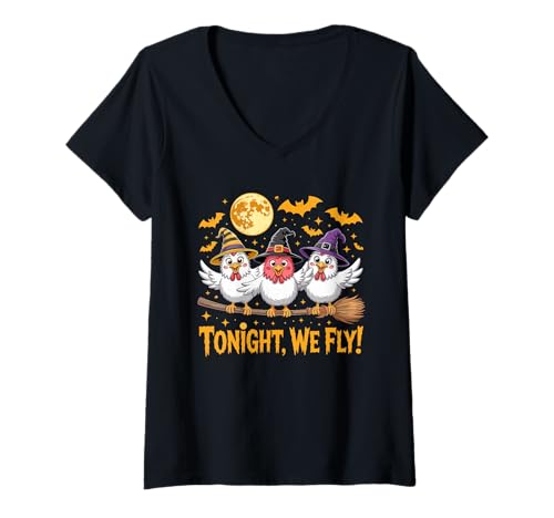 Damen Heute Abend fliegen wir lustige Hexenhühner Spooky Farm Halloween T-Shirt mit V-Ausschnitt von Funny Witchy Chickens Halloween For Bird Lovers