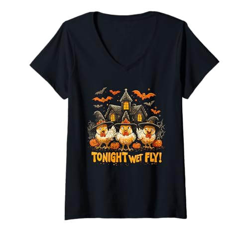 Damen Heute Abend fliegen wir lustige Hexenhühner Spooky Farm Halloween T-Shirt mit V-Ausschnitt von Funny Witchy Chickens Halloween For Bird Lovers