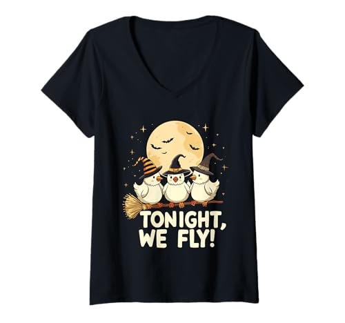 Damen Heute Abend fliegen wir lustige Hexenhühner Spooky Farm Halloween T-Shirt mit V-Ausschnitt von Funny Witchy Chickens Halloween For Bird Lovers