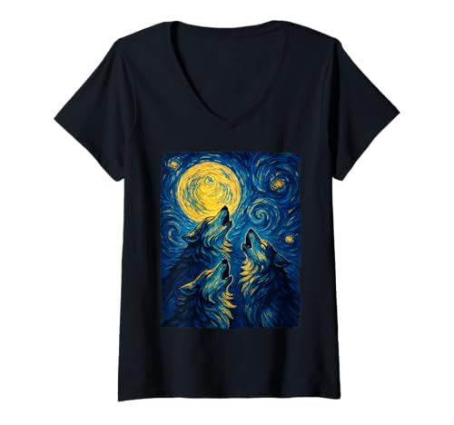 Damen Wölfe heulen am Mond Sternennacht Kunst Wolf Liebhaber lustig T-Shirt mit V-Ausschnitt Damen Wölfe heulen am Mond Sternennacht Kunst Wolf Liebhaber lustig T-Shirt mit V-Ausschnitt von Funny Wolf Howling Moon The Starry Night Men Women
