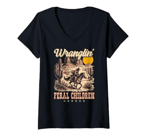 Damen Wranglin' Feral Kinder Humor Cowboy T-Shirt mit V-Ausschnitt von Funny Wrangling Feral Kids Apparel