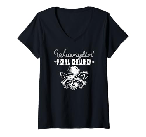 Damen Wranglin' Feral Kinder Humor Cowboy T-Shirt mit V-Ausschnitt Damen Wranglin' Feral Kinder Humor Cowboy T-Shirt mit V-Ausschnitt von Funny Wrangling Feral Kids Apparel