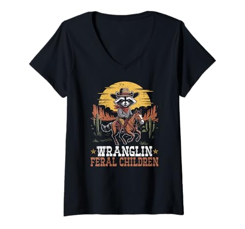 Damen Wranglin' Feral Kinder Humor Cowboy T-Shirt mit V-Ausschnitt Damen Wranglin' Feral Kinder Humor Cowboy T-Shirt mit V-Ausschnitt von Funny Wrangling Feral Kids Apparel