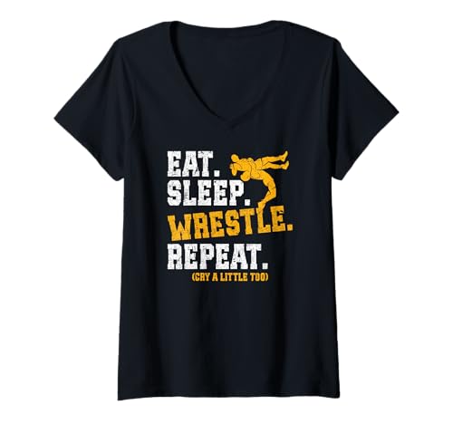 Damen Eat Sleep Wrestle Repeat (weine auch EIN bisschen) T-Shirt mit V-Ausschnitt von Funny Wrestling Fans Gifts
