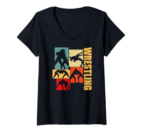 Damen Wrestling Retro Vintage Sonnenuntergang T-Shirt mit V-Ausschnitt von Funny Wrestling Fans Gifts