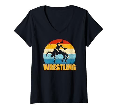 Damen Wrestling Retro Vintage Sonnenuntergang T-Shirt mit V-Ausschnitt von Funny Wrestling Fans Gifts