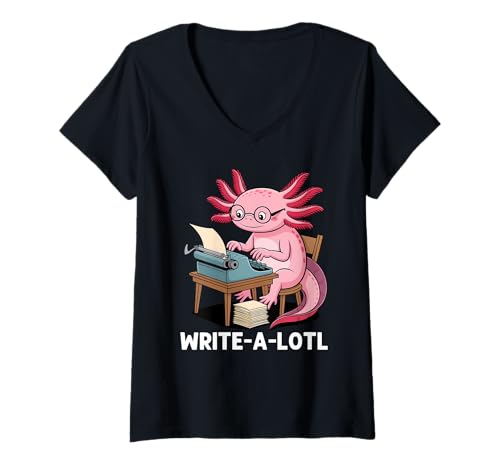 Damen Write-alotl Lustiger Axolotl Writing Lover Writer T-Shirt mit V-Ausschnitt von Funny Writing Axolotl Apparels for Women Men &