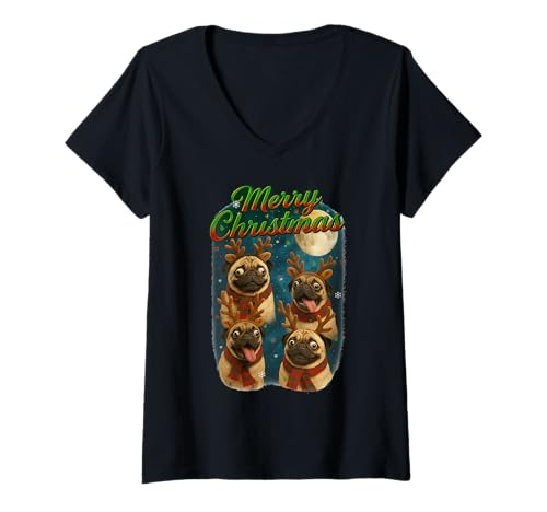 Damen Weihnachten Rentier Mops Mond Retro Bootleg Xmas T-Shirt mit V-Ausschnitt Damen Weihnachten Rentier Mops Mond Retro Bootleg Xmas T-Shirt mit V-Ausschnitt von Funny XMAS Dog Bootleg 90s Aesthetic Design