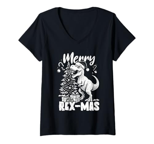 Damen Merry Rex-Mas Santa Dinosaurier Weihnachten Dino T-Shirt mit V-Ausschnitt Damen Merry Rex-Mas Santa Dinosaurier Weihnachten Dino T-Shirt mit V-Ausschnitt von Funny XMAS T-Rex Dinosaur Christmas Holidays