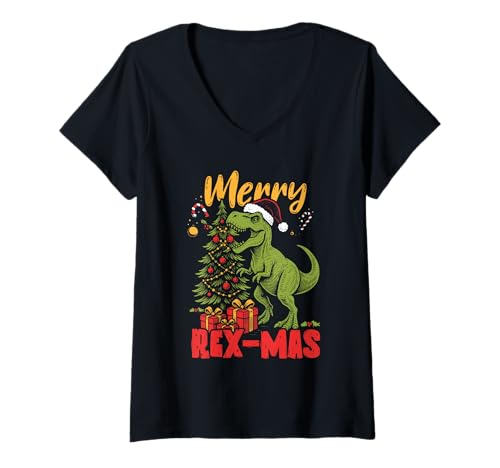 Damen Merry Rex-Mas Weihnachtsmann Dinosaurier Retro Weihnachten Dino T-Shirt mit V-Ausschnitt Damen Merry Rex-Mas Weihnachtsmann Dinosaurier Retro Weihnachten Dino T-Shirt mit V-Ausschnitt von Funny XMAS T-Rex Dinosaur Christmas Holidays