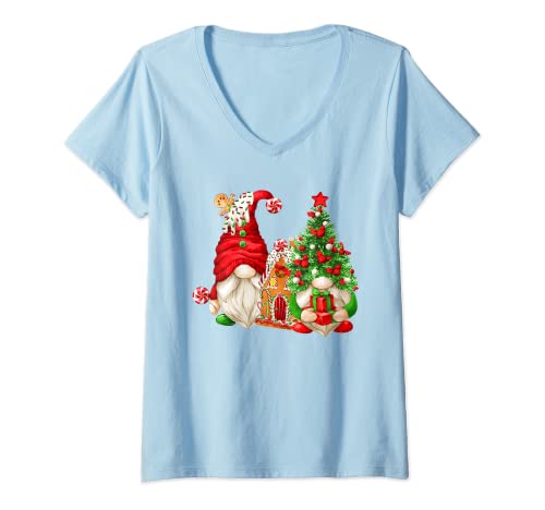 Damen Niedliches Lebkuchenhaus und Weihnachtsmann-Zwerg für Weihnachtsliebhaber T-Shirt mit V-Ausschnitt Damen Niedliches Lebkuchenhaus und Weihnachtsmann-Zwerg für Weihnachtsliebhaber T-Shirt mit V-Ausschnitt von Funny Xmas Matching Family Gnomes By MiGiLaMo