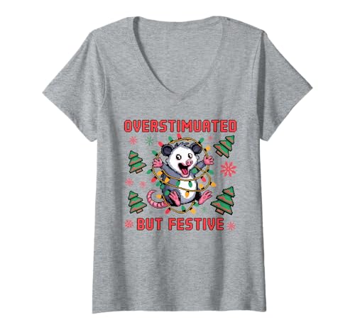 Damen Überstimulierter Aber festlicher Opossum Ugly Sweater Christmas T-Shirt mit V-Ausschnitt Damen Überstimulierter Aber festlicher Opossum Ugly Sweater Christmas T-Shirt mit V-Ausschnitt von Funny Xmas Possum Tees Overstimulated But Festive