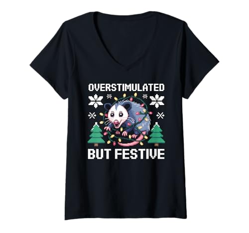Damen Überstimulierter Aber festlicher Opossum Ugly Sweater Christmas T-Shirt mit V-Ausschnitt Damen Überstimulierter Aber festlicher Opossum Ugly Sweater Christmas T-Shirt mit V-Ausschnitt von Funny Xmas Possum Tees Overstimulated But Festive