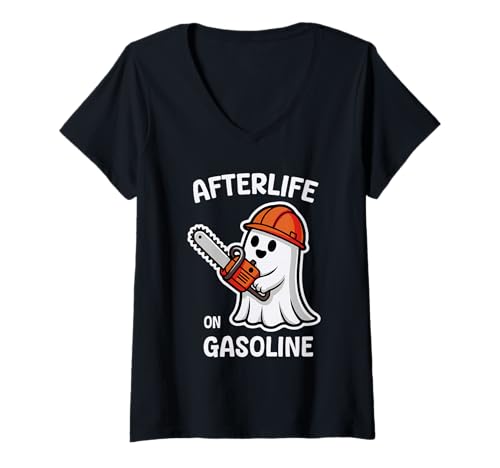 Damen Kettensäge Ghost Afterlife auf Benzin Halloween T-Shirt mit V-Ausschnitt Damen Kettensäge Ghost Afterlife auf Benzin Halloween T-Shirt mit V-Ausschnitt von Funny Yard Worker Chainsaw Cutting