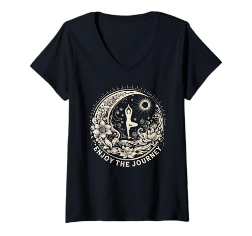 Damen Yoga Genieße die Reise T-Shirt mit V-Ausschnitt von Funny Yoga Enjoy the Journey Tee