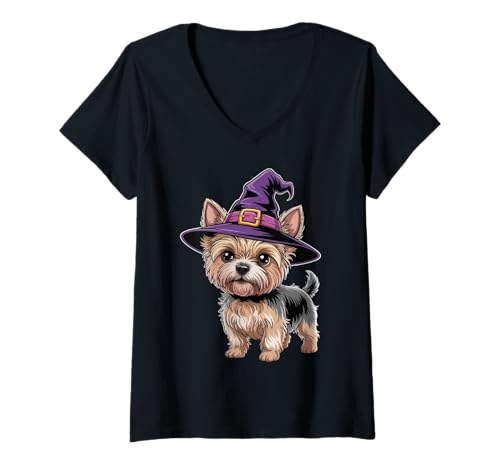 Damen Gruseliges Yorkie Mama Halloween Party Kostüm Hexenhut Yorkie T-Shirt mit V-Ausschnitt Damen Gruseliges Yorkie Mama Halloween Party Kostüm Hexenhut Yorkie T-Shirt mit V-Ausschnitt von Funny Yorkie Dog Lover Halloween Costume Gifts Ide