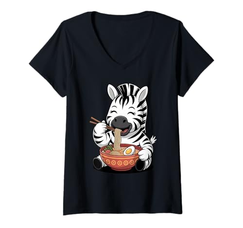 Damen Niedliche Zebra-ESS-Ramen, japanische Kawaii-Tiernudeln T-Shirt mit V-Ausschnitt Damen Niedliche Zebra-ESS-Ramen, japanische Kawaii-Tiernudeln T-Shirt mit V-Ausschnitt von Funny Zebra Ramen Lover Apparel