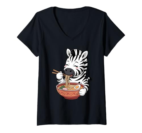 Damen Niedliche Zebra-ESS-Ramen, japanische Kawaii-Tiernudeln T-Shirt mit V-Ausschnitt Damen Niedliche Zebra-ESS-Ramen, japanische Kawaii-Tiernudeln T-Shirt mit V-Ausschnitt von Funny Zebra Ramen Lover Apparel