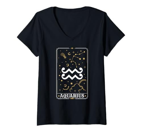 Damen Aquarius Horoskop Astrologie Sternzeichen Tarotkarte T-Shirt mit V-Ausschnitt Damen Aquarius Horoskop Astrologie Sternzeichen Tarotkarte T-Shirt mit V-Ausschnitt von Funny Zodiac Tarot Card