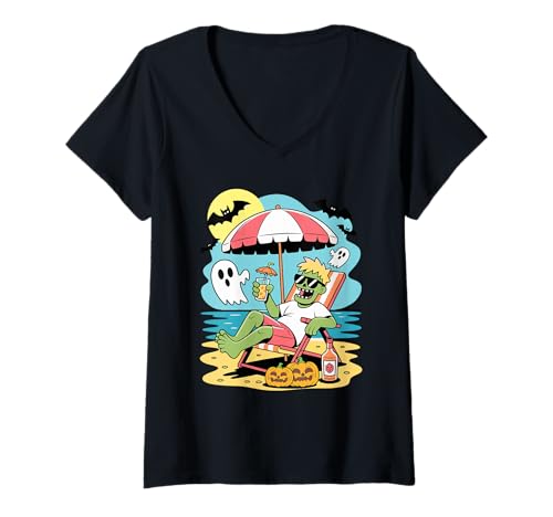 Damen Zombie trinkt Cocktail am Gruselstrand Halloween T-Shirt mit V-Ausschnitt Damen Zombie trinkt Cocktail am Gruselstrand Halloween T-Shirt mit V-Ausschnitt von Funny Zombie Beach outfits
